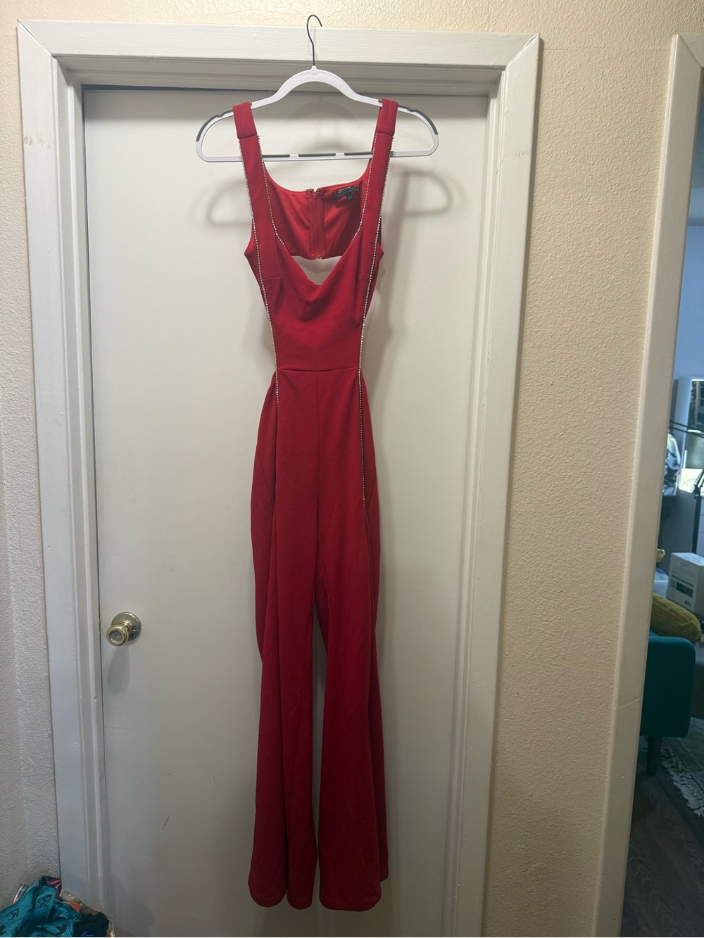 Symphony Red Rhinestone Cutout Wide Leg Jumpsuit Size Small